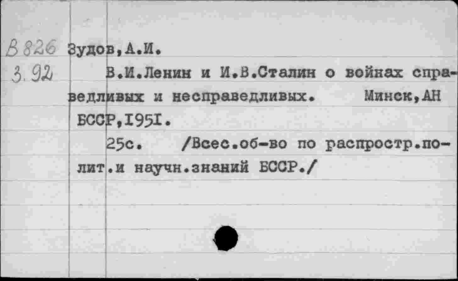 ﻿& 826	Зудо	в,А,И.
		В.И.Ленин и И,В.Сталин о войнах спра
	ведливых и несправедливых»	Минск,АН	
	БССР,1951.	
		25с. /Всес.об-во по распростр.по-
	лит	. и научи.знаний БССР./